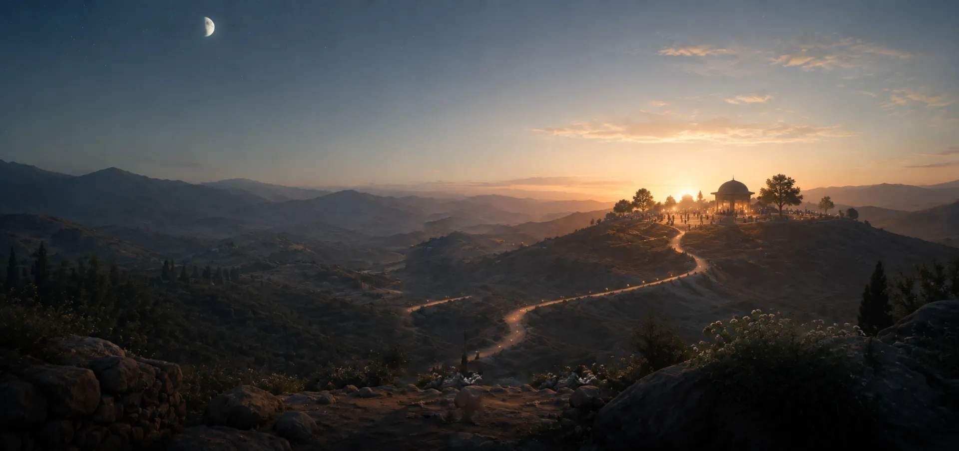 An illustrated dusk vista: a young man on a rocky overlook watches a lit path wind through the hills toward a domed gathering place